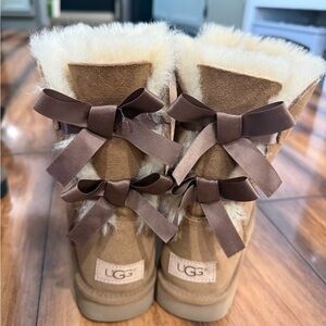 UGG Chestnut Suede Boots with Triple Brown Satin Bows